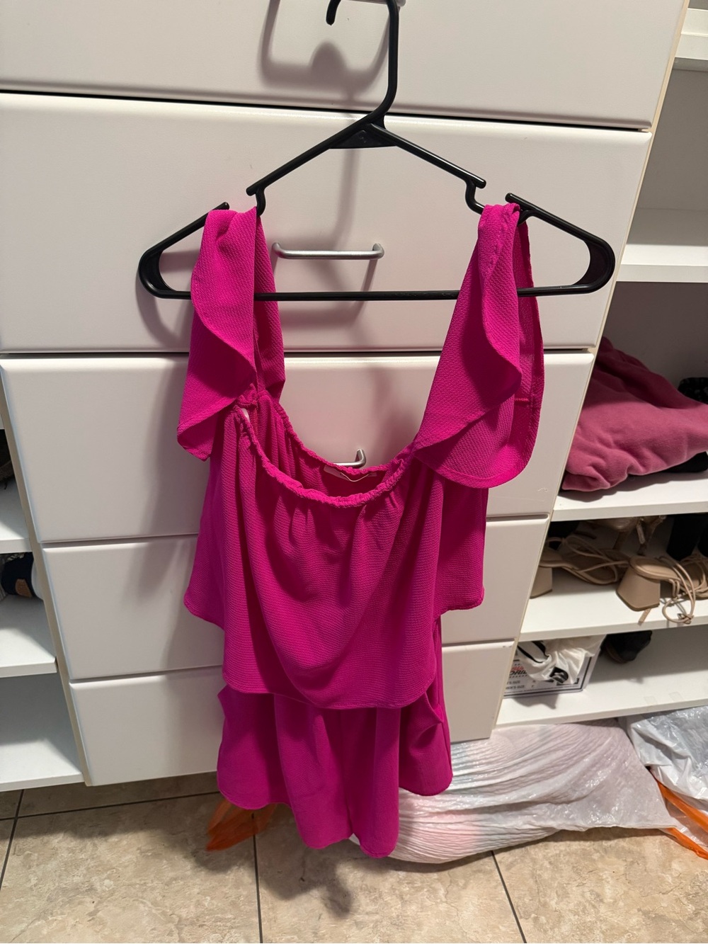 Bright Pink Ruffle Off-Shoulder Tunic Top